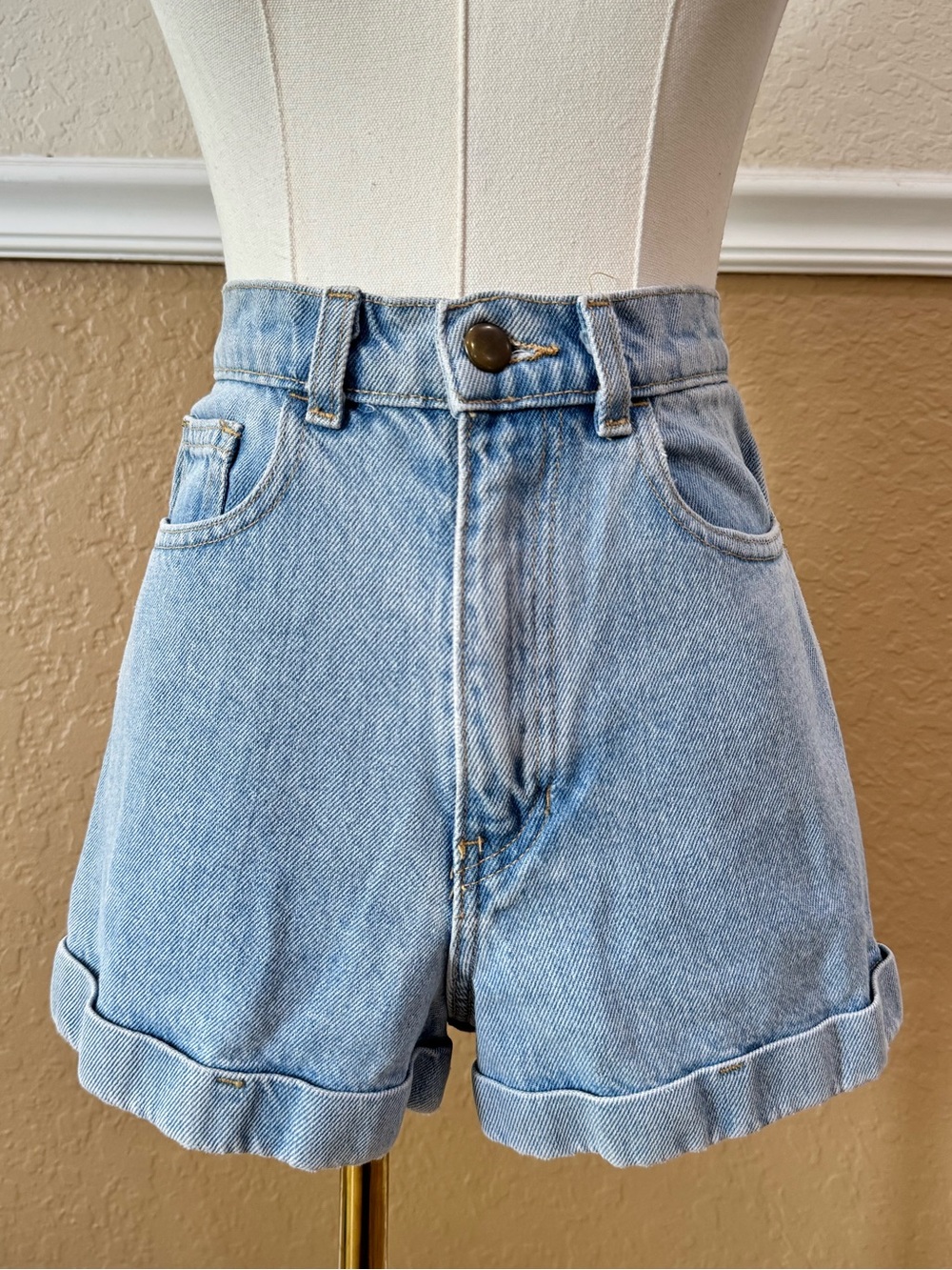 American Apparel High-Rise Light Blue Denim Cuffed Shorts